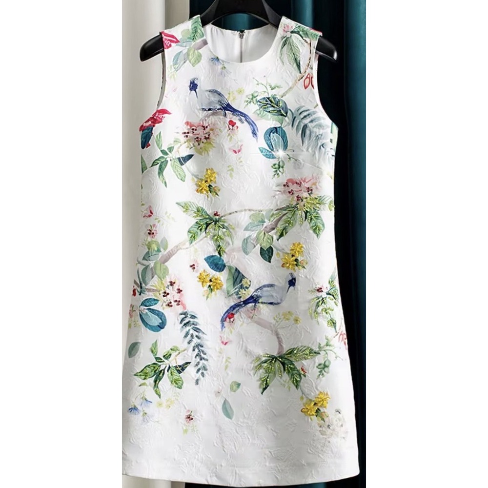 DLDENGHAN Summer Jacquard Mini Dress Crystal Beading Floral Design Large